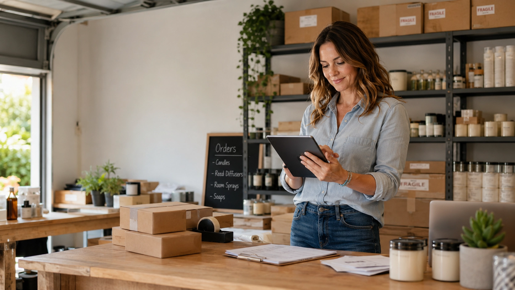 Home business owner using a tablet to manage invoices and orders
