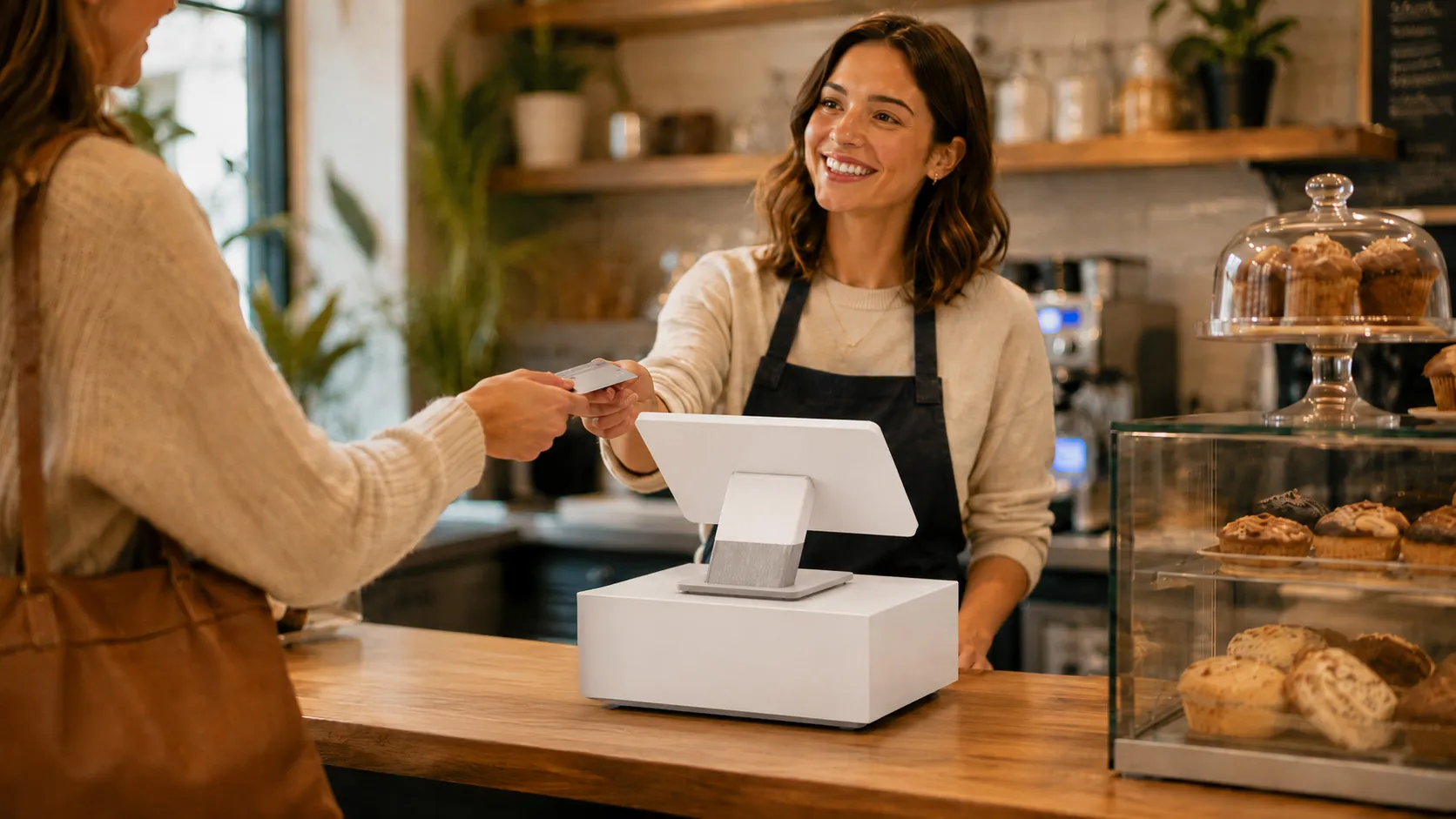 Woman paying with a credit card at a Clover POS station