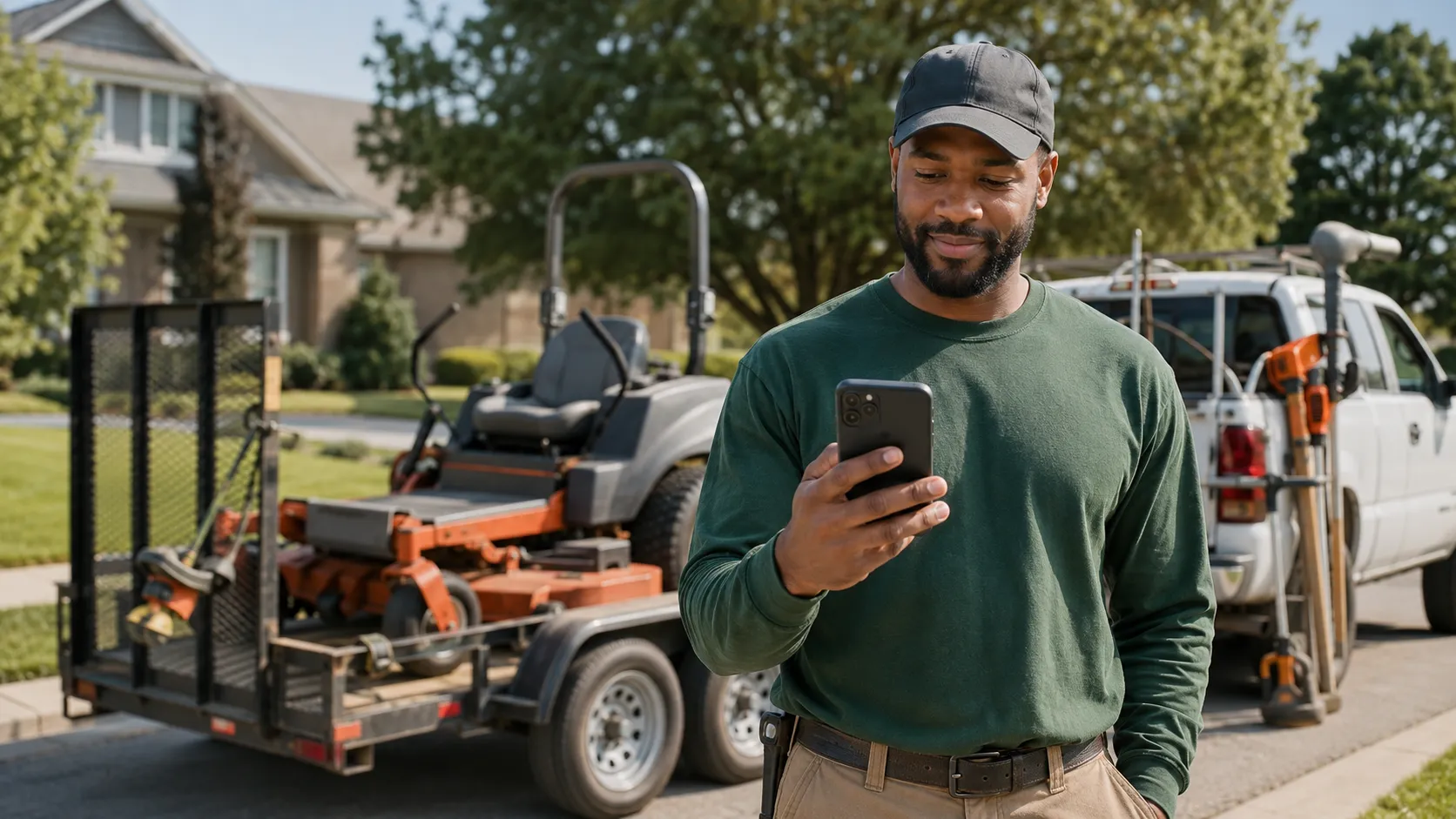 Landscaping professional accepting a remote payment by phone